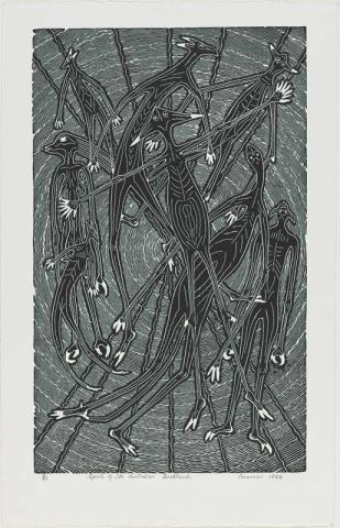 Artwork Spirits of the Australian bushlands this artwork made of Linocut on wove paper, created in 1988-01-01