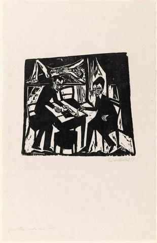 Artwork Zwei maenner am tisch (Two men at a table) this artwork made of Woodcut on Japanese paper, created in 1913-01-01