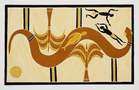 Artwork Wawulak wulay ga wittji (The two Wawulak sisters and the freshwater python/ rainbow serpent) (from 'Australian Legal Group' portfolio) this artwork made of Linocut on paper, created in 1987-01-01