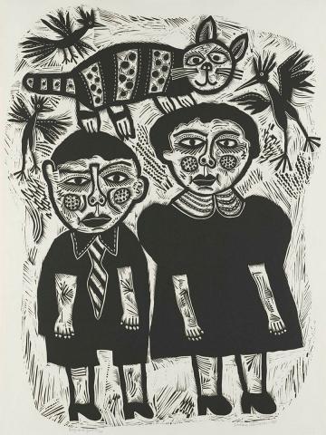 Artwork Boy and girl (from 'The Bicentennial folio') this artwork made of Linocut on Velin Arches 300gsm paper, created in 1987-01-01