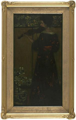 Artwork (Woman playing a violin) this artwork made of Oil on wood panel, created in 1894-01-01