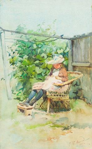 Artwork (Young girl sewing in a garden) this artwork made of Watercolour on paper, created in 1890-01-01
