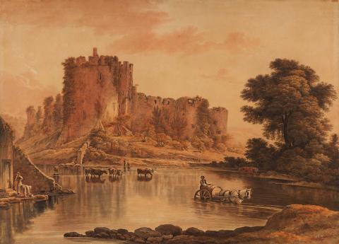 Artwork (Castle ruins with cattle drinking in a river and women washing) this artwork made of Watercolour on paper, created in 1800-01-01