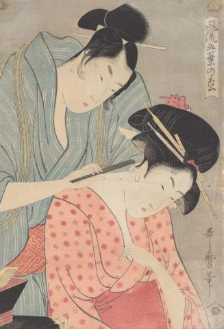 Artwork Shaving the neck (from 'Furyu goyo no matsu' (Elegant five-needled pine) series) this artwork made of Colour woodblock print on paper, created in 1797-01-01