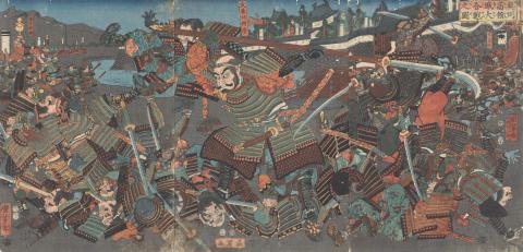 Artwork The grand battle of the castle Takadate in the province of Oshu this artwork made of Colour woodblock print on paper, created in 1856-01-01