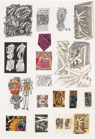 Artwork Studies for 'Zappo' this artwork made of Collaged pen and ink, photocopies, textiles and off-set printed matter on cardboard, created in 1983-01-01
