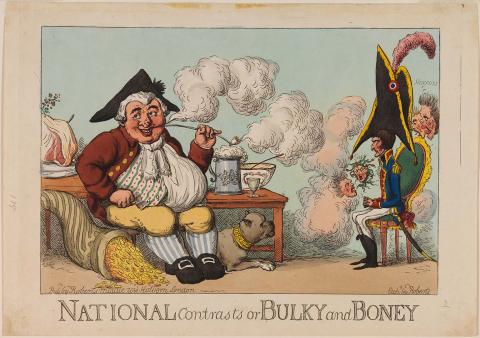 Artwork National contrasts or Bulky and Boney this artwork made of Etching, hand-coloured on paper, created in 1800-01-01
