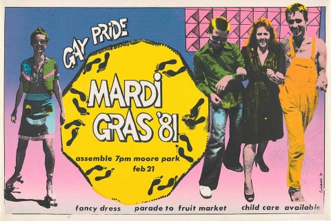 Artwork Gay Pride Mardi Gras '81 this artwork made of Screenprint on paper, created in 1981-01-01
