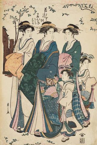Artwork Three courtesans (Kokeno, Kikuchi, Naeki) with attendants this artwork made of Colour woodblock print on paper, created in 1829-01-01