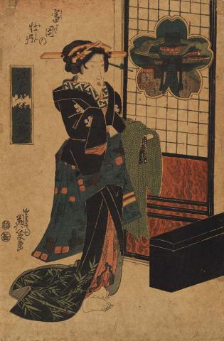 Artwork Courtesan (Tomioka no botan) this artwork made of Colour woodblock print on paper, created in 1848-01-01