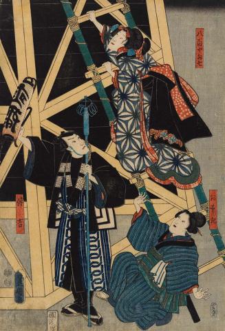 Artwork Scene from a kabuki play based on the story of the notorious female arsonist O-shichi this artwork made of Colour woodblock print on paper, created in 1865-01-01