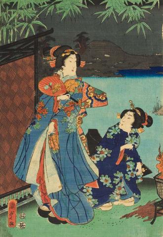 Artwork Two courtesans near a river bank this artwork made of Colour woodblock print on paper, created in 1865-01-01