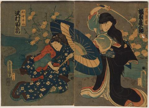 Artwork Scene from kabuki this artwork made of Colour woodblock print on paper, created in 1865-01-01