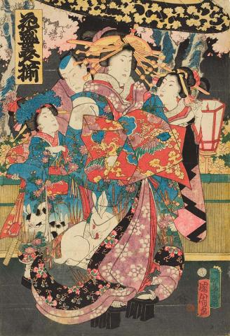 Artwork Courtesan and her attendants this artwork made of Colour woodblock print on paper, created in 1859-01-01