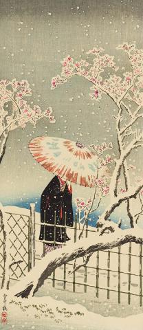 Artwork Figure with parasol, protected against snow (secchu zakura) this artwork made of Colour woodblock print on paper, created in 1945-01-01