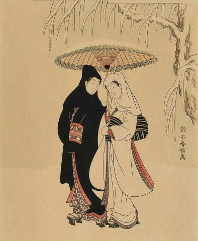 Artwork Lovers in the snow, Chuban (reprint) this artwork made of Colour woodblock print on paper, created in 1768-01-01