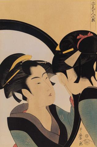 Artwork (Untitled) (from 'Seven women making up in the mirror' series) (reprint) this artwork made of Colour woodblock print on paper, created in 1806-01-01
