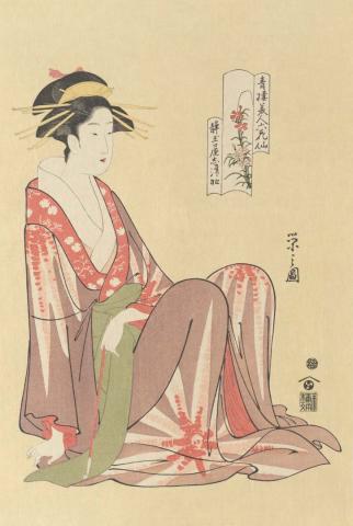 Artwork Shizuka in the Shizutama-ya (no. 17 from a set of twenty-five reprints) this artwork made of Colour woodblock print on paper, created in 1955-01-01