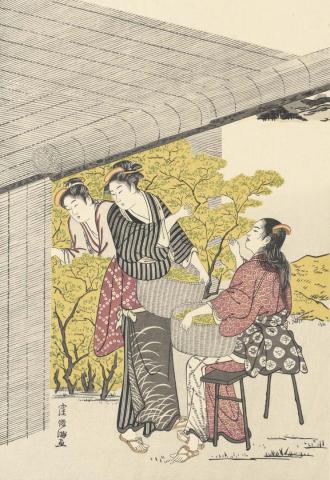 Artwork Tea-picking (no. 18 from a set of twenty-five reprints) this artwork made of Colour woodblock print on paper, created in 1955-01-01