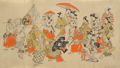 Artwork Shishi-mai dance (no. 1 from incomplete set of 25 reprints) this artwork made of Colour woodblock print on paper, created in 1961-01-01