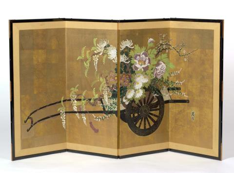 Artwork Four-fold, lacquer framed screen (decorated with a 'hana guruma' (flower cart)) this artwork made of Timber with lacquer finish and iron handles and escutcheons, created in 1900-01-01