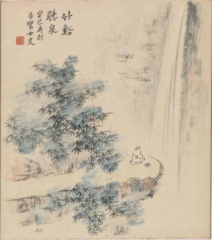 Artwork Shikishi:  (a monk meditating by a waterfall) this artwork made of Watercolour on card, created in 1900-01-01