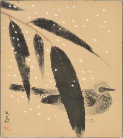 Artwork Shikishi:  (bamboo leaf, bird and snow flake) this artwork made of Ink on card, created in 1900-01-01