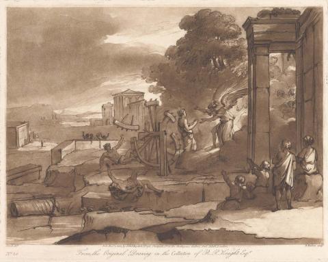 Artwork Sepia-toned print from a drawing in the collection of R.P. Knight this artwork made of Etching with mezzotint