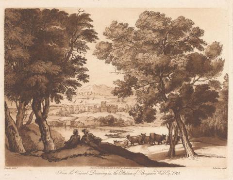 Artwork Sepia-toned print from a drawing in the collection of Benjamin West this artwork made of Etching with mezzotint