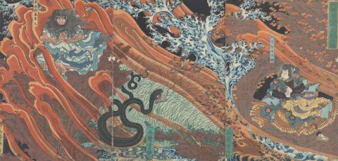 Artwork Battle of magic between Hakamadare no Mochisuke and Ichihara no Kido-maru this artwork made of Colour woodblock print on paper, created in 1850-01-01