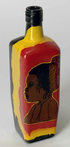 Artwork Painted rum bottle (red, yellow, black) this artwork made of Enamel household paint on glass, created in 1988-01-01