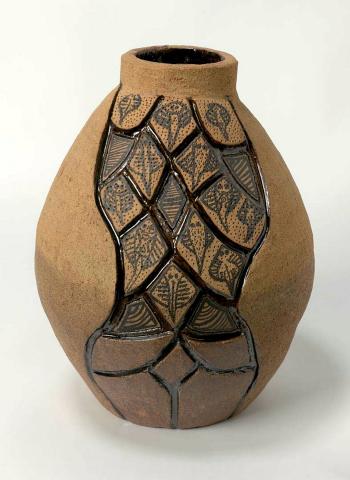 Artwork Floor pot (fish & stingray) this artwork made of Hand-built raku clay, created in 1989-01-01