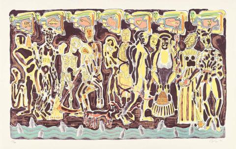 Artwork The reunion of the myths (from 'The readymade boomerang' portfolio) this artwork made of Six colour lithograph from stone on paper, created in 1990-01-01