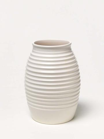 Artwork Vase this artwork made of Earthenware, thrown and incised with engine turned lines, with moonstone glaze