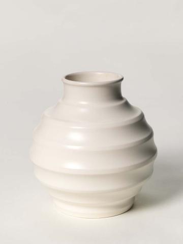 Artwork Vase this artwork made of Earthenware, wheelthrown, turned and ribbed with moonstone glaze