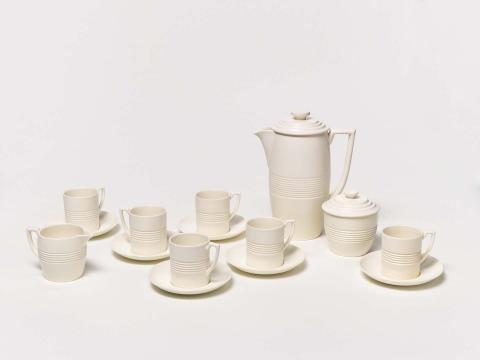 Artwork Coffee set this artwork made of Earthenware, wheelthrown, turned and incised with moonstone glaze