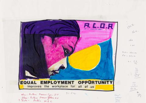 Artwork Working drawing for 'Equal Employment Opportunity:  Improving the workplace for all of us' (from untitled series) this artwork made of Fibre-tipped pen and pencil on wove paper, created in 1987-01-01
