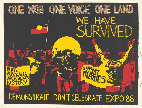 Artwork One mob one voice one land this artwork made of Screenprint on paper, created in 1988-01-01