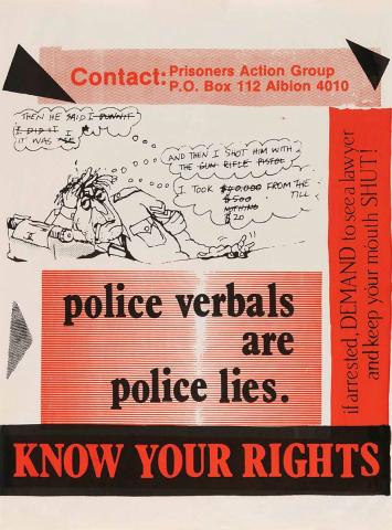 Artwork Police verbals are police lies (Prisoners Action Group) this artwork made of Screenprint on paper, created in 1982-01-01