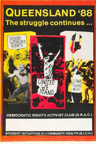 Artwork Queensland 88:  the struggle continues... (Student Initiatives in Community Health) this artwork made of Screenprint on paper, created in 1988-01-01