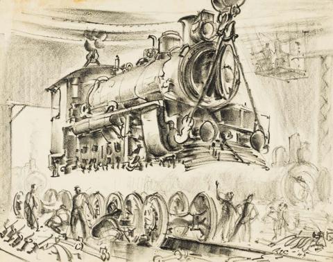 Artwork Engine 795 - in the slings.  Ipswich, Queensland this artwork made of Charcoal on paper, created in 1945-01-01