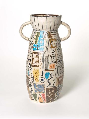 Artwork Vase:  SB904 this artwork made of Stoneware, hand built, spindle shape, swelling neck and two handles with white glaze and polychrome overglaze colours, created in 1989-01-01