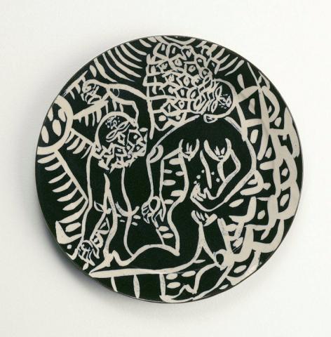 Artwork Plate:  The acrobats (from 'Themes of the circus and flying lady' series) this artwork made of Earthenware, white clay, wheelthrown with wax resist and black glaze, created in 1990-01-01