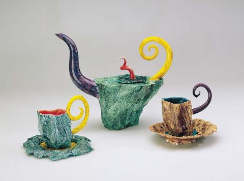 Artwork Tea-set this artwork made of White earthenware, slip-cast with hand-built additions, polychrome glazes, oxidised atmosphere to 1080 degrees Celsius, created in 1991-01-01