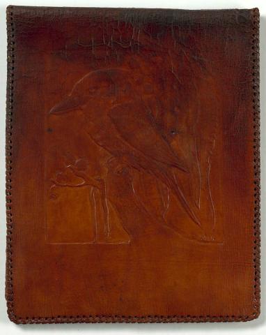 Artwork Folder:  (Kookaburra motif) this artwork made of Leather, carved, created in 1934-01-01