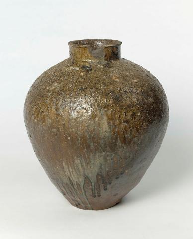 Artwork Narrow-necked jar (tsubo) this artwork made of Coil built stoneware with 'fly ash' glaze and kiln deposit, created in 1392-01-01