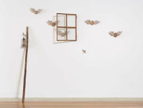 Artwork The flight of reason this artwork made of Hurricane lamp, branch, window frame, stones, china dog and expanded foam, created in 1991-01-01