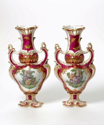Artwork Pair of vases this artwork made of Soft-paste porcelain, press-moulded with claret ground overglaze colours and gilt, in the rococo style, created in 1760-01-01