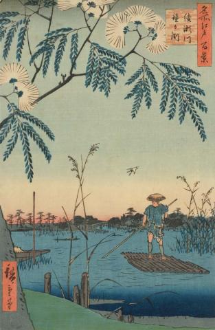 Artwork Ayase-gawa, Kane-ga-guchi (no. 69 from 'Meisho Edo hyakkei' series) (Kane-ga-fuchi, Ayase River (no. 69 from 'One hundred famous views of Edo' series)) this artwork made of Colour woodblock print on paper, created in 1857-01-01