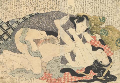 Artwork Shunga from the album 'Tsuma-gasane' (Overlapping skirts) this artwork made of Colour woodblock print (chuban) on paper, created in 1815-01-01